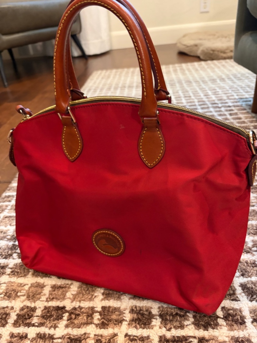 Dooney & Bourke Red Nylon Tote with Brown Leather Trim - Picture 4 of 8